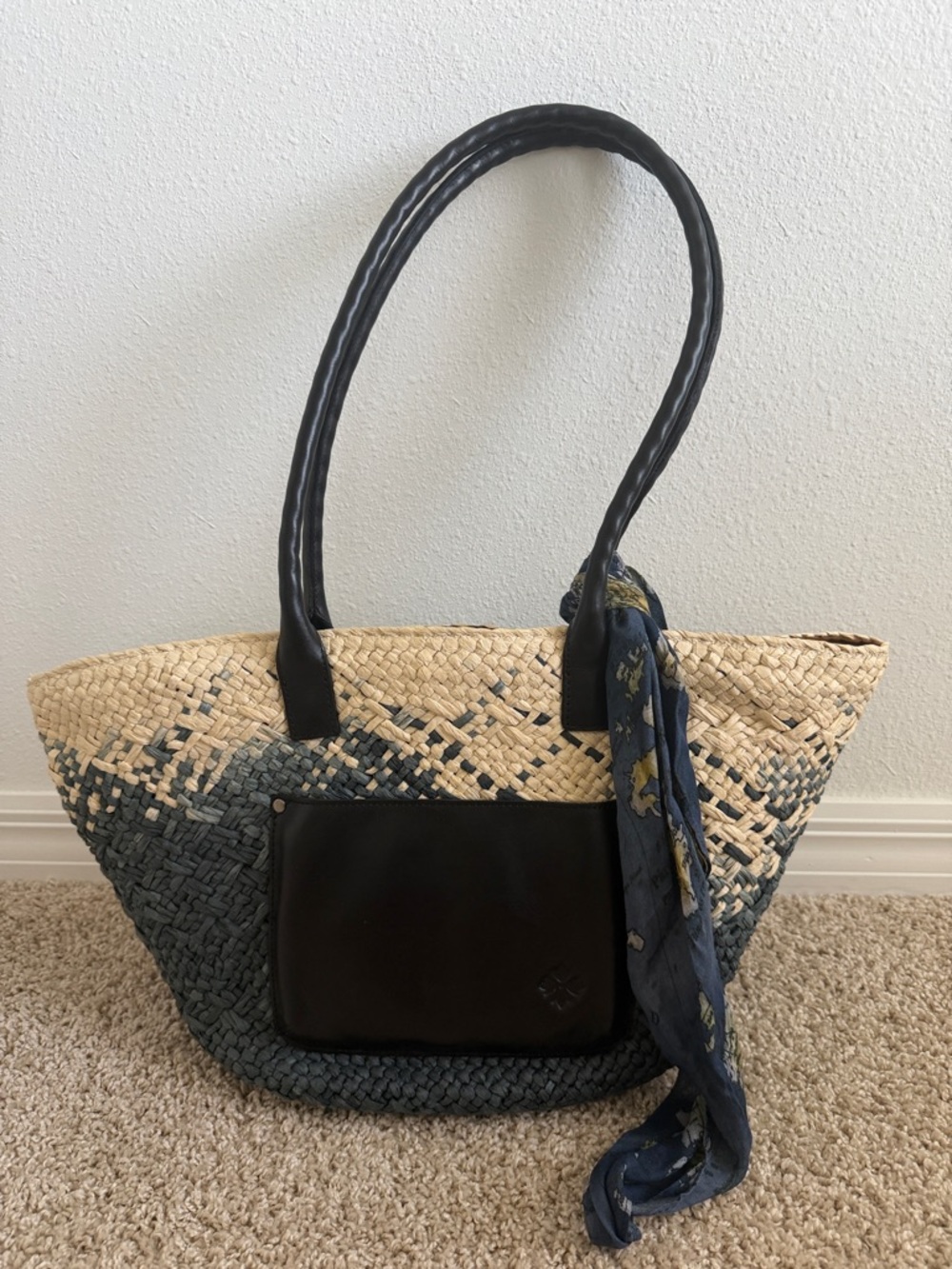 Patricia Nash Woven Straw Tote Bag with Navy Accents